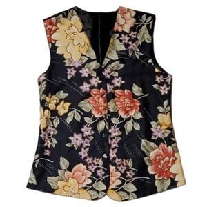 Black Floral Beaded Vest Cottage Core Grandma Core Boho Back Tie Snap Up - S‎